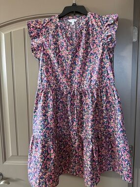 Ladies Floral Flutter Sleeve Dress in Pink and Navy